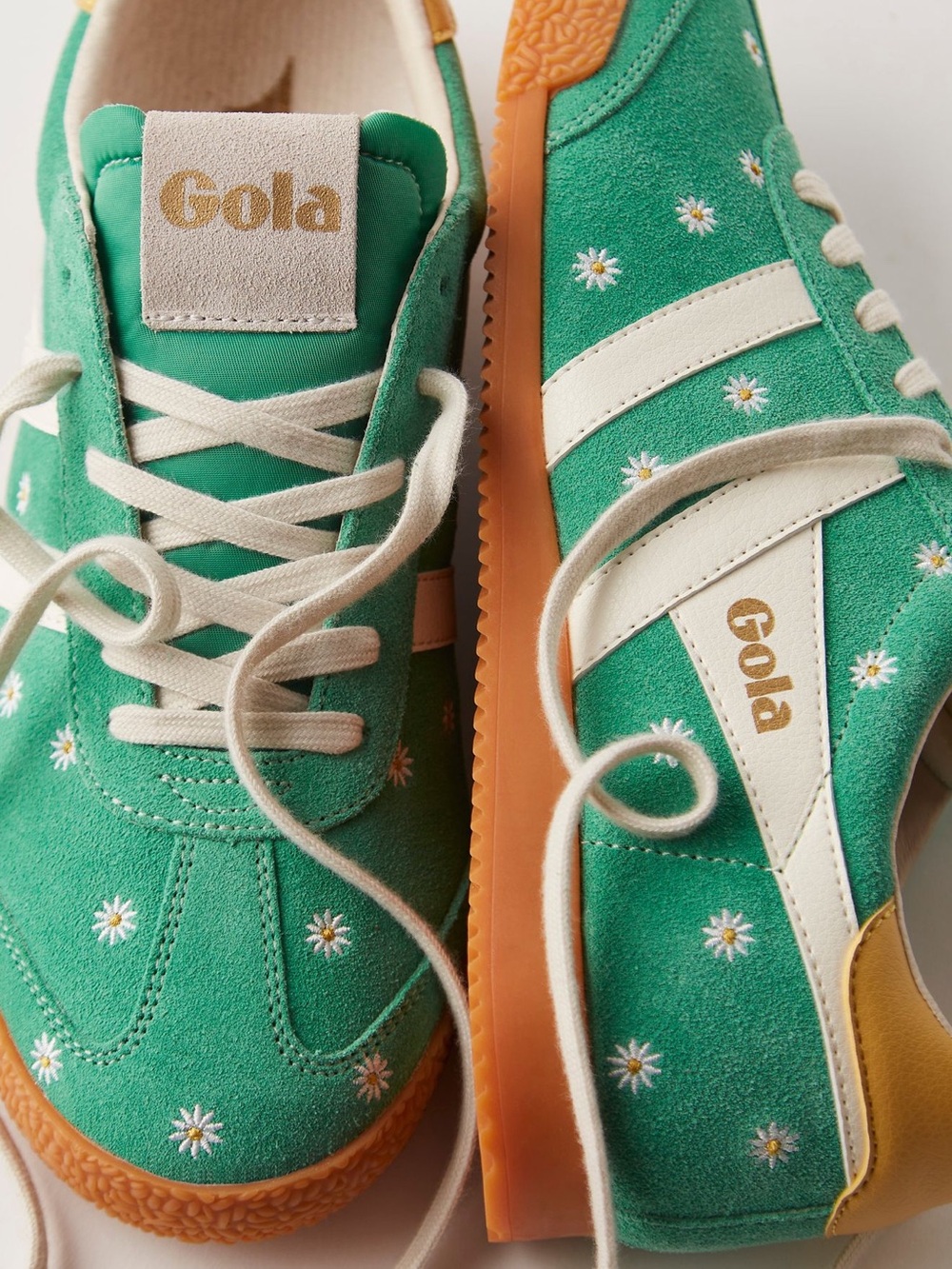 Gola Green Suede Daisy Sneakers with Cream Stripes and Gum Sole